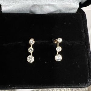 Solid 10k Gold & CZ 3 Stone Dangle Earrings